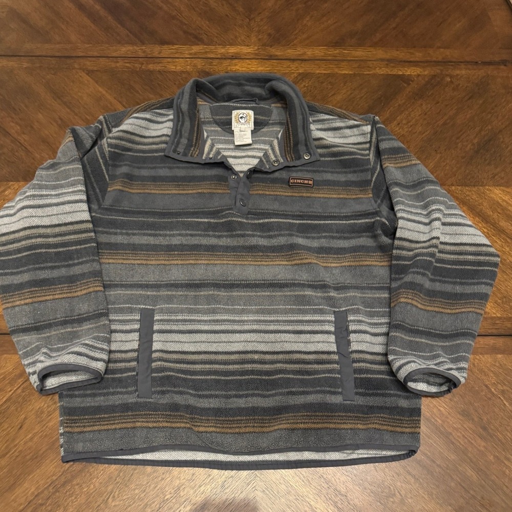 Cinch Mens XL Fleece Pullover‎ Striped Snap Mock Neck Western Grey MWK1007007